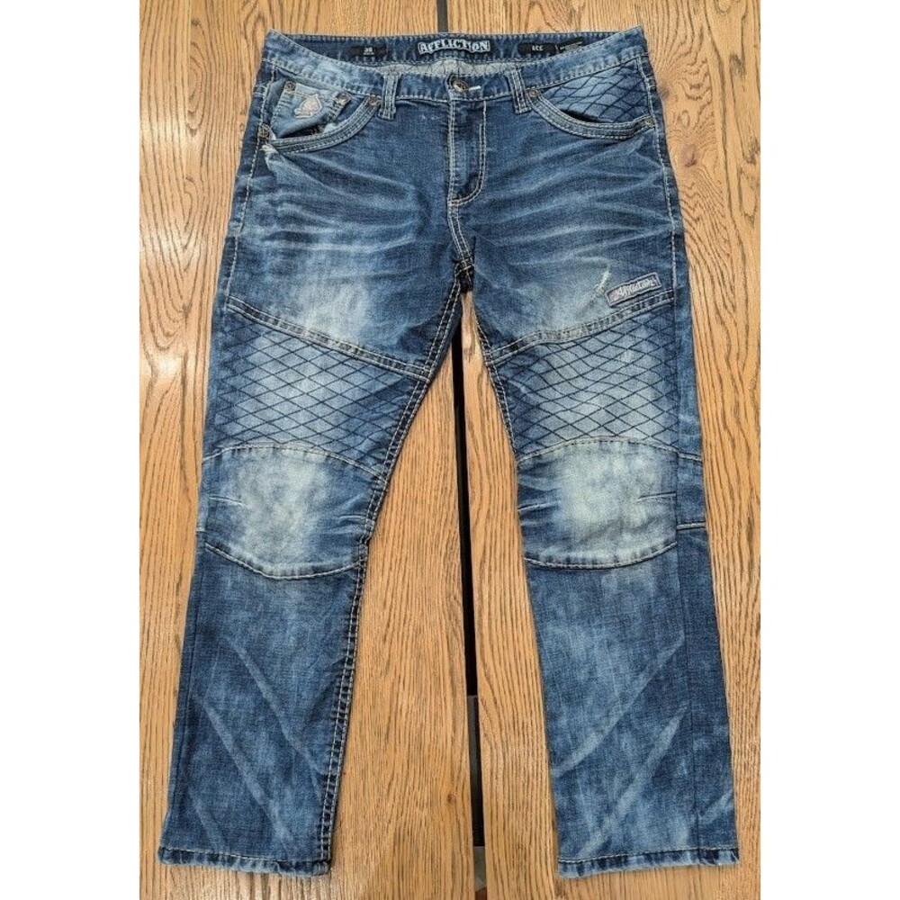 Affliction Ace Jeans Mens 36x29 Blue Distressed Moto Biker Straight Y2K Denim LA